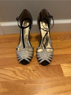 Madden Girl Black T-Strap Heels with Silver Rhinestones